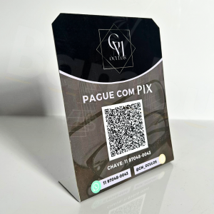 Display de Mesa Pix QR-Code PS 1.5mm Adesivado com Vinil  4x0 Laminação Brilho Dobra de 4cm e dupla-face na parte inferior 