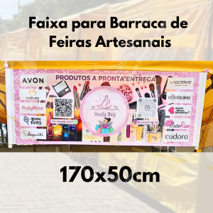 Faixa para Barraca de Feira Artesanal 170x50cm Lona 240g Brilho 170x50cm 4x0 Brilho Madeira e cordinha 